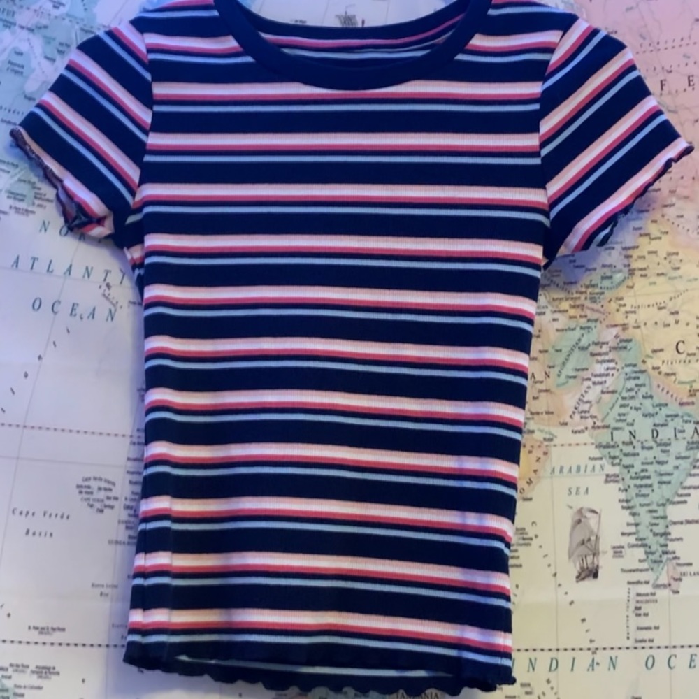 AERO PINK. BLUE, PEACH, AND NAVY STRIPED SHIRT